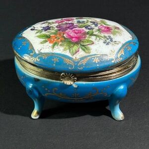VTG Norleans Trinket Box Japan Blue Gold Floral Hindge Footed 1950s 3.5”